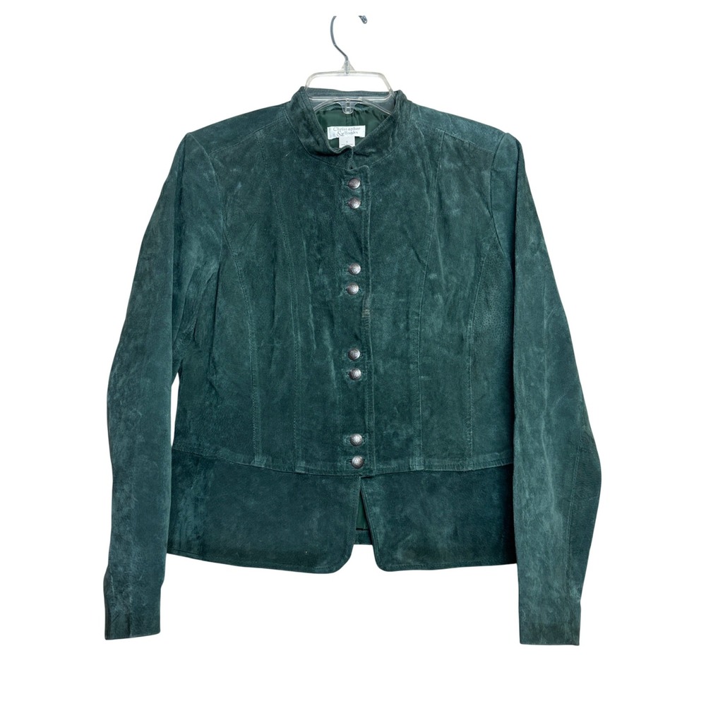 Christopher & Banks Pig Suede Jacket Womens Small Green Mandarin‎ Collar Button